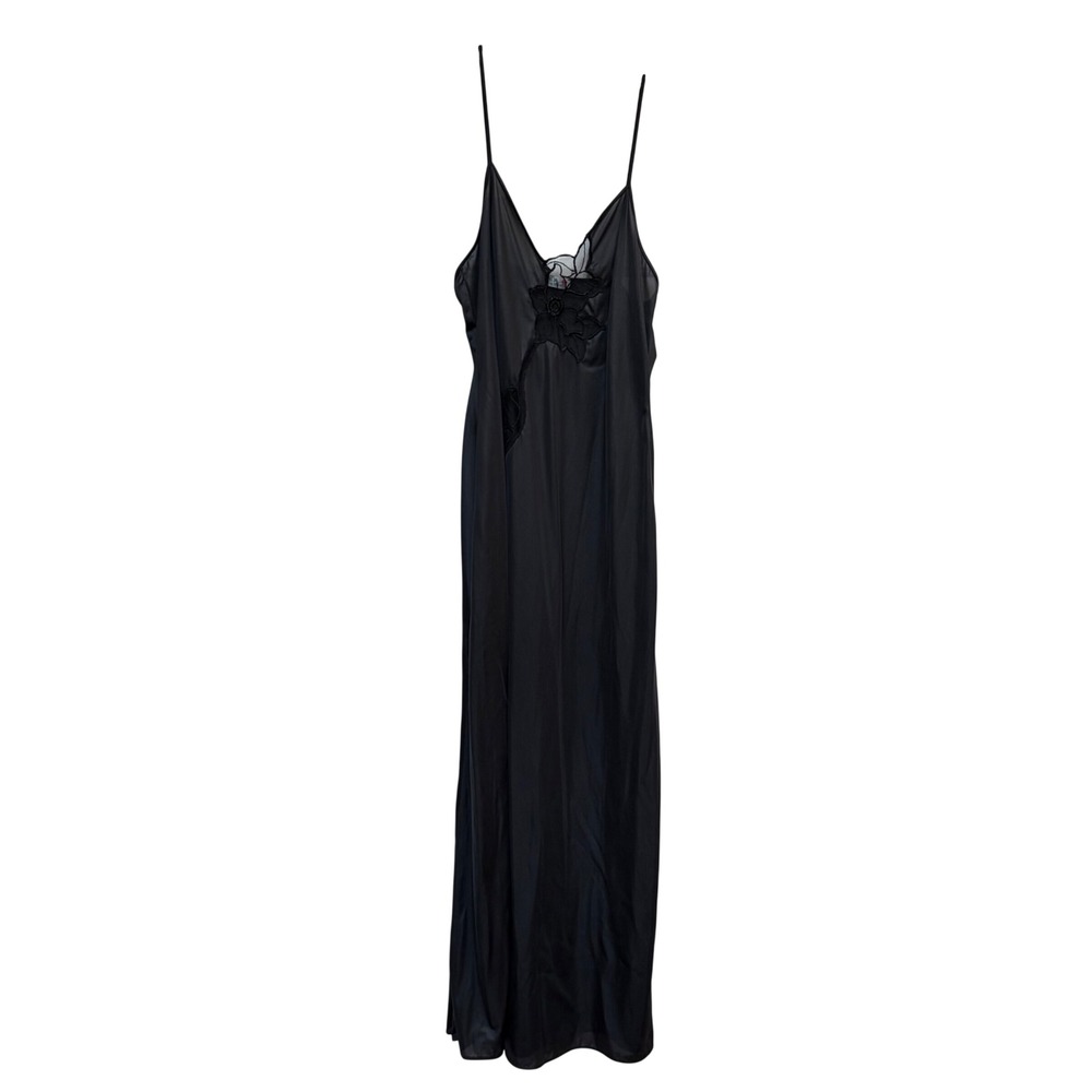 Vtg Joie De Vie Black Nylon Nightgown Full Slip Medium High Slit Mesh Floral
